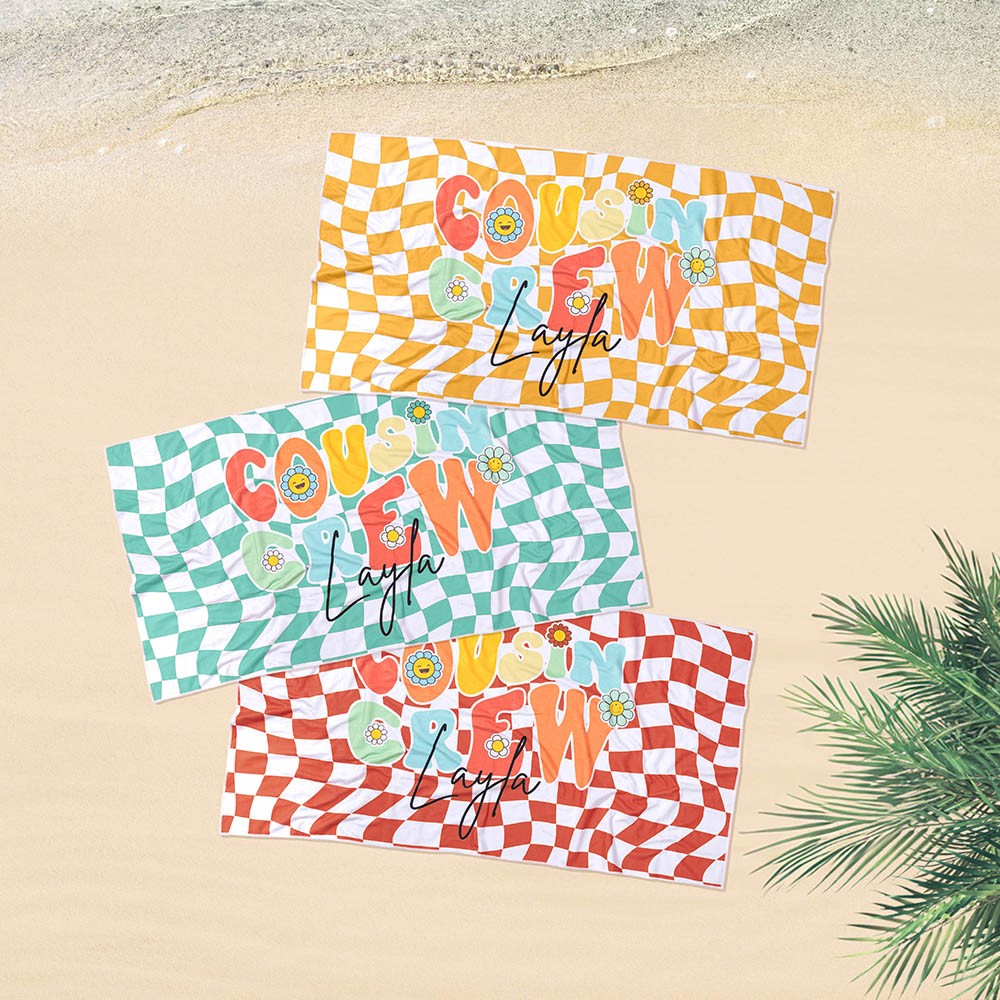 Personalized Name Cousin Crew Colorful Plaid Beach Towel, Perfect for Family Outings