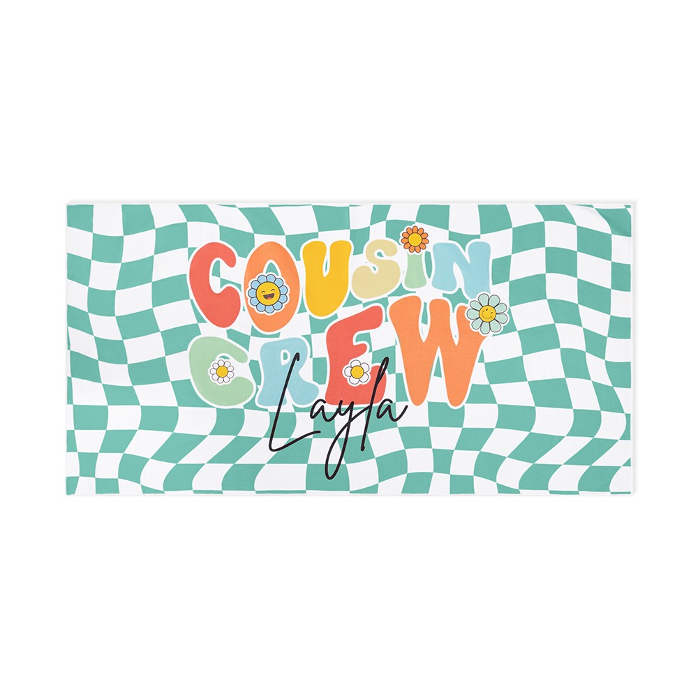Personalized Name Cousin Crew Colorful Plaid Beach Towel, Perfect for Family Outings