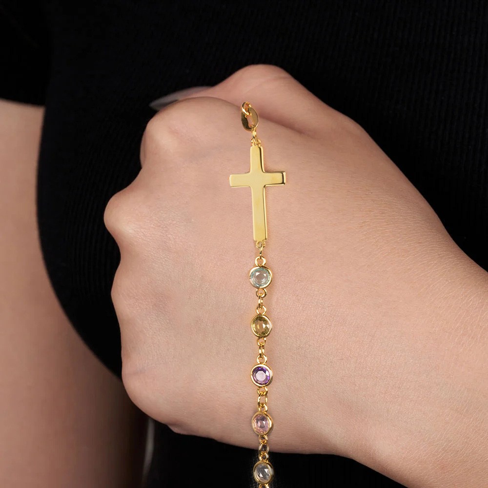 Personalized Birthstone Cross Bracelet, Customizable Cross Pendant with Birthstone, Meaningful Gift for Her