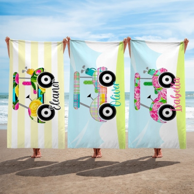Personalized Golf Cart Striped Beach Towel with Name, Quick Dry Women's Bath Towel, Vacation/Beach/Pool Party Favor, Gift for Female Golf Lovers
