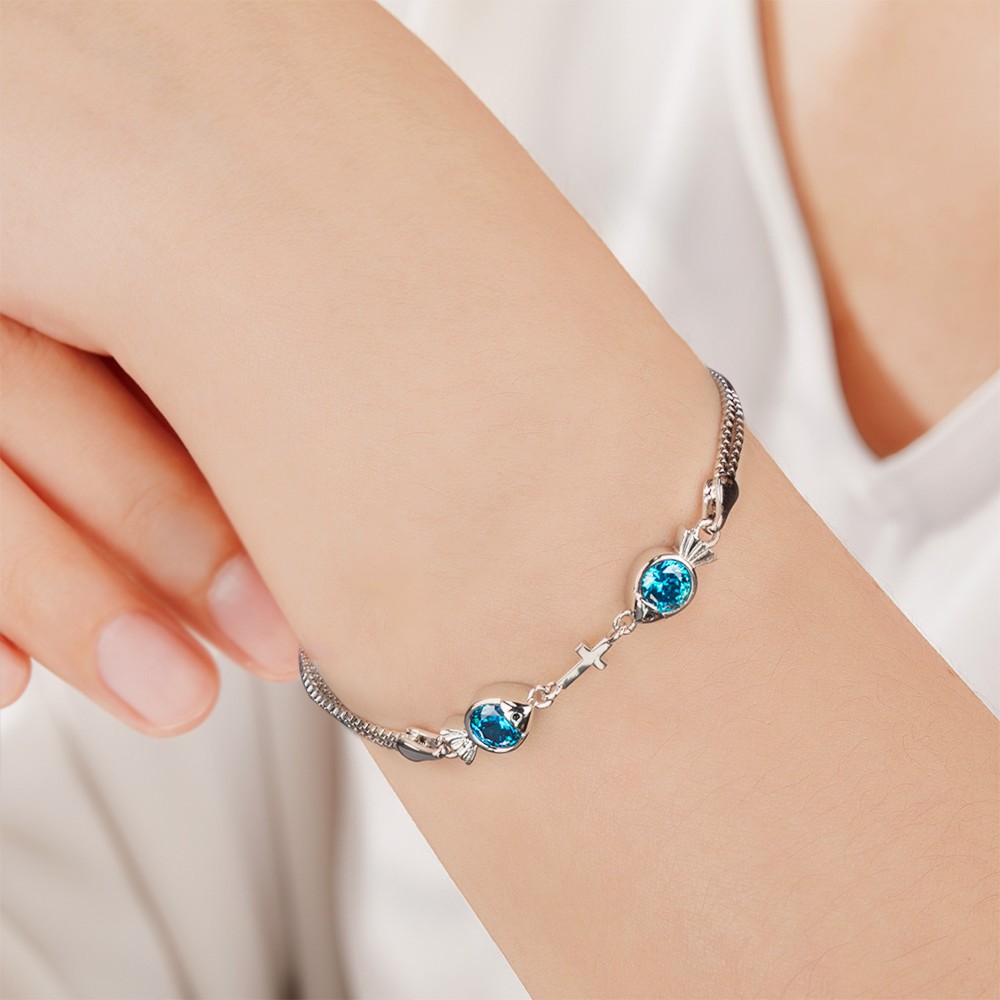 Personalized Double Fish Cross Birthstone Bracelet, Customizable Faith and Blessing Jewelry, Unique Birthday or Special Occasion Gift