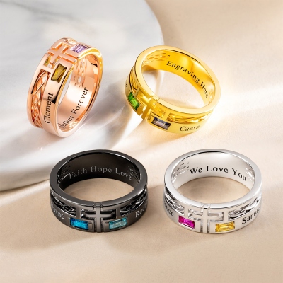 Personalized Engraved Cross Ring with Baguette Birthstones, Sterling Silver 925 Minimalist Men's Faith Ring, Birthday/Christmas Gift for Him/Husband