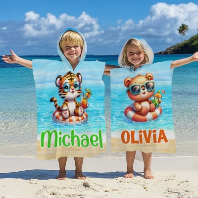 Personalized Name Cartoon Summer Animal Hooded Beach Towel, Quick Dry Bath Towel, Vacation/Beach/Pool Party Favor, Gift for Kids/Boys/Girls