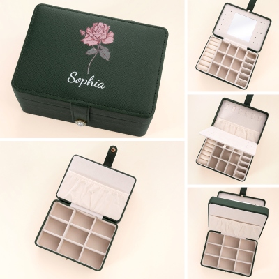 Custom Birth Flower & Name Travel Makeup Box, Multi-functional Makeup Mirror Box with Lights, Jewelry/Cosmetics Storage Box, Birthday Gift for Her