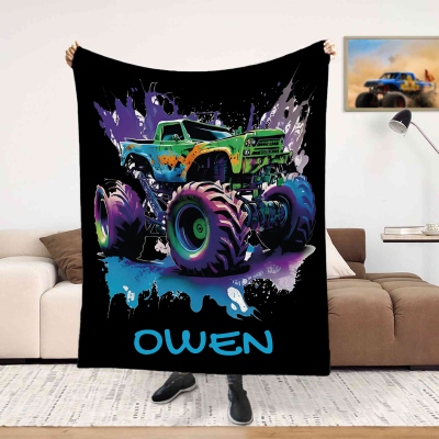 Personalized Name Giant Truck Blanket, Flannel/Sherpa Soft Bed Couch Throw, Bedroom Home Decor, Birthday/Christmas Gift for Kids/Teens/Boys