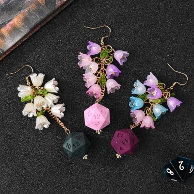 Handmade 3D Printed Resin D20 Dice Dangle Earrings, Gradient Bellflower Floral Drop Earrings, Lightweight DND Jewelry for Ren Faire & Fantasy Lovers