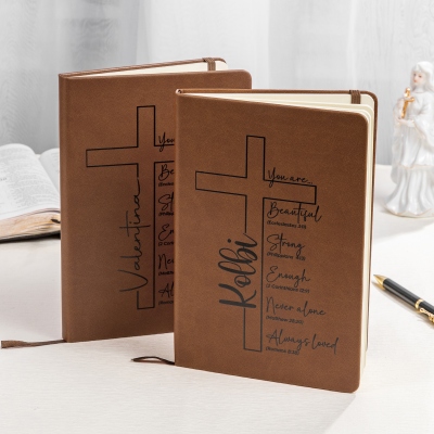 Personalized Cross Bible Verses Leather Notebook with Name, A5 Prayer Journal, Devotional Bible Study Notebook, Christian Gift for Family/Friends