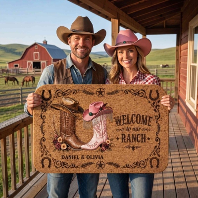 Anpassade namn Western Cowboyhattar &amp; Stövlar Hästskodesign Välkommen till vår Ranch Dörrmatta, Halkfri Golvmatta, Heminredning, Present till Par/Nygifta