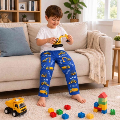 Personalized Cartoon Construction Trucks Children’s Pajama Pants with Name, Elastic Waistband Lounge Pants, Birthday/Christmas Gift for Kids/Boys