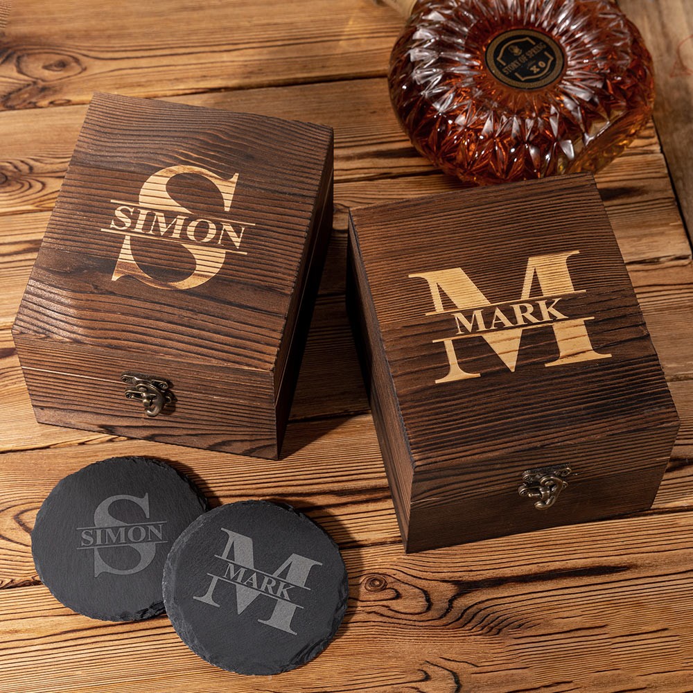 Whiskyglas-Set mit personalisiertem Monogramm und Gravur, Whiskysteine und Holzbox, Alkoholgeschenk, Geburtstags-Hochzeitsgeschenk für Papa/Bräutigam/Whiskyliebhaber