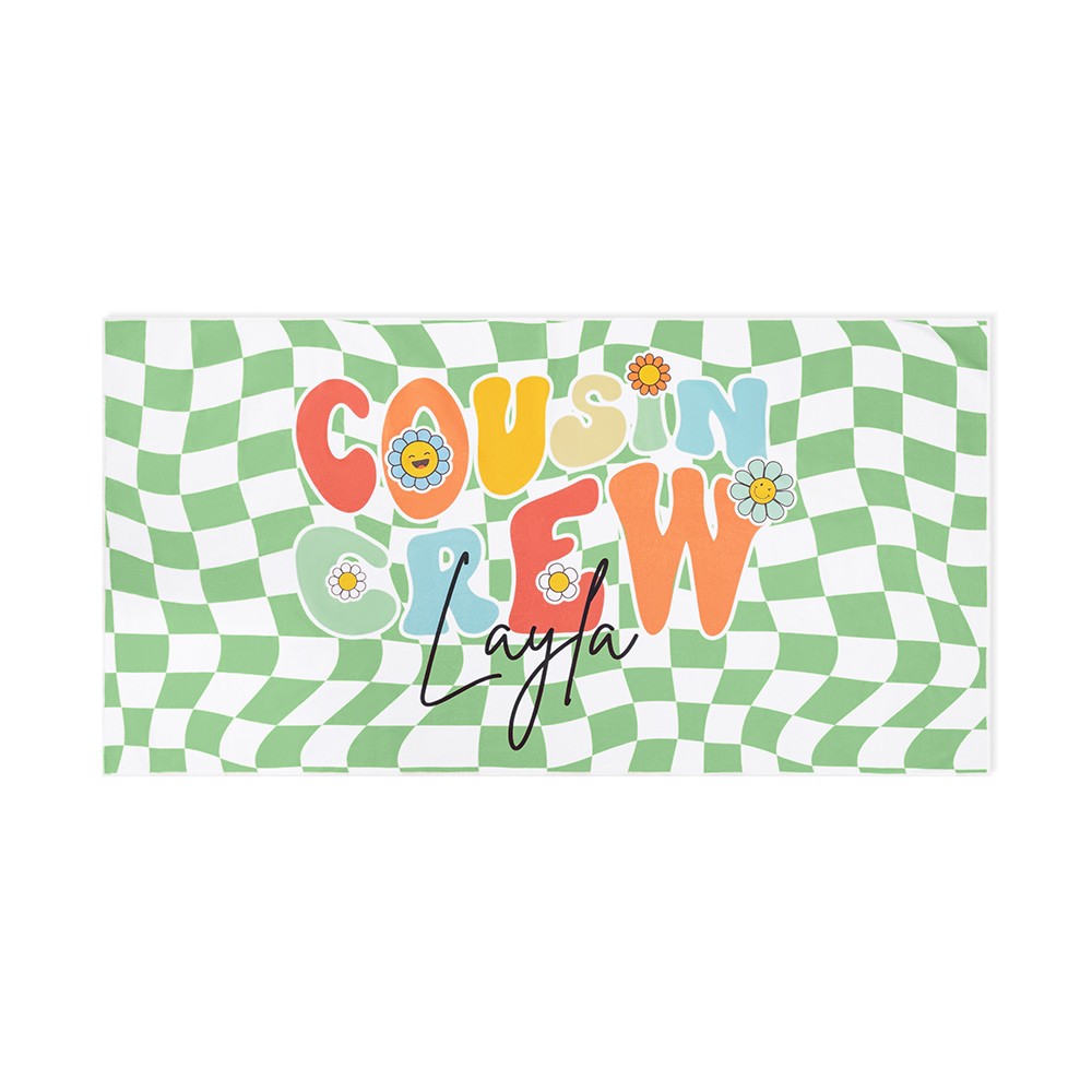 Personalized Name Cousin Crew Colorful Plaid Beach Towel, Perfect for Family Outings