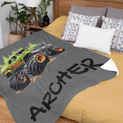 Personalized Name Giant Truck Blanket, Flannel/Sherpa Soft Bed Couch Throw, Bedroom Home Decor, Birthday/Christmas Gift for Kids/Teens/Boys