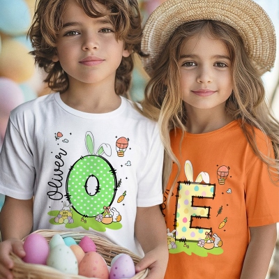Custom Name Polka Dot Bunny Ears Alphabet Easter Kid's T-Shirt, Short Sleeve Cotton T-Shirt, Easter Outfit, Easter Gift for Kids/Boys/Girls/Teens