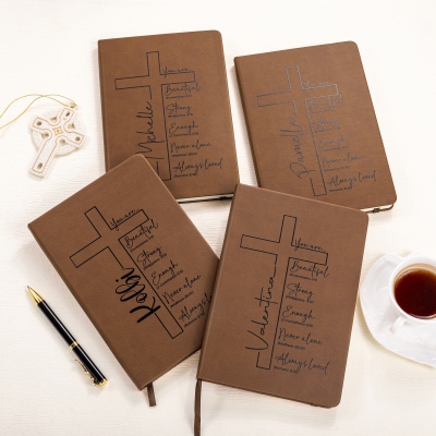 Personalized Cross Bible Verses Leather Notebook with Name, A5 Prayer Journal, Devotional Bible Study Notebook, Christian Gift for Family/Friends
