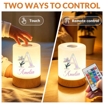 Luce notturna ricaricabile con iniziale, fiore di nascita e effetto madreperla, dimmerabile, controllo touch, di design personalizzato, ideale per la camera da letto o come regalo di compleanno per donne.