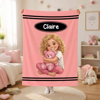 Personalized Photo to Cartoon Character Multicolor Soft Throw Blanket with Name, Bedroom Decor, Christmas/Birthday Gift for Kids/Teenagers