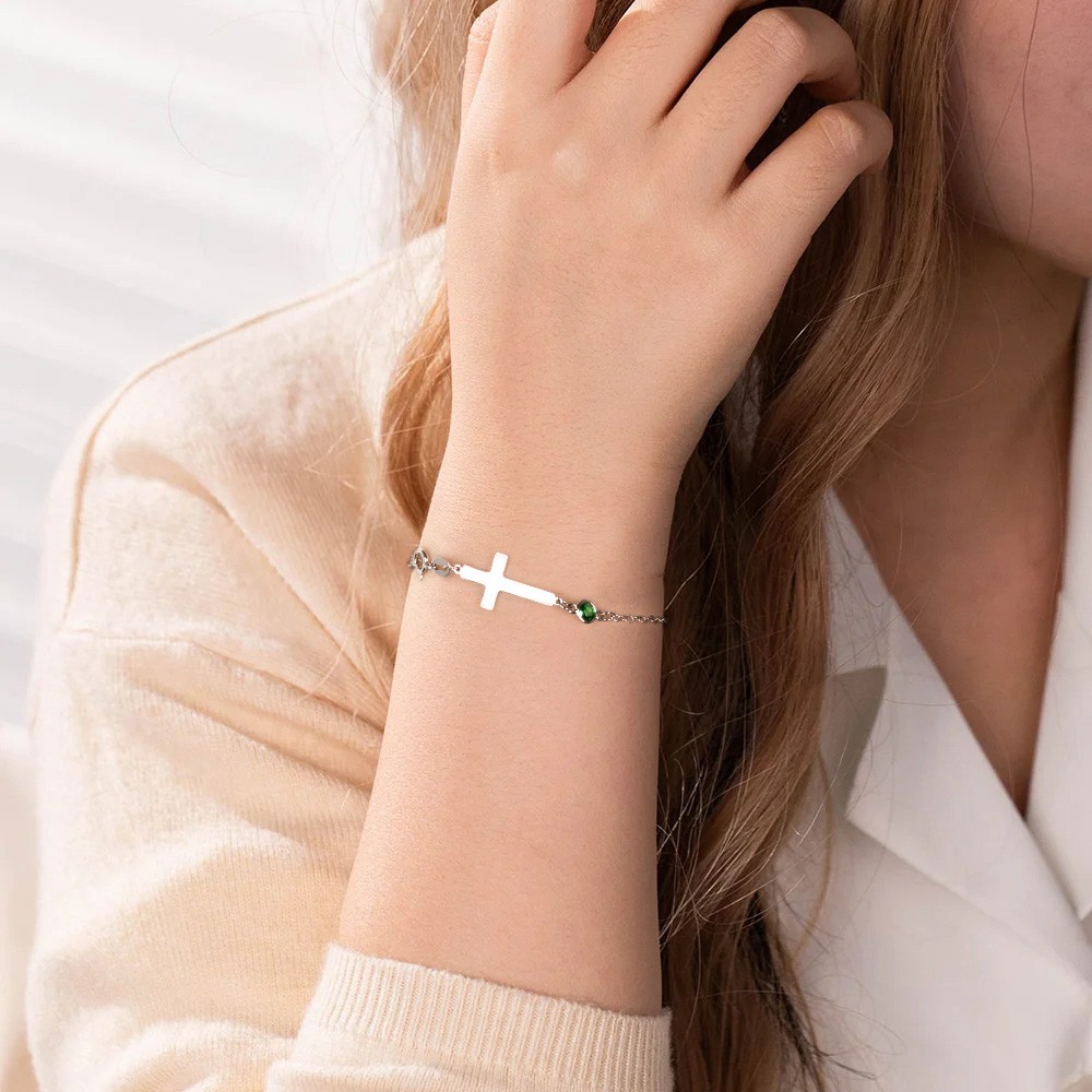Personalized Birthstone Cross Bracelet, Customizable Cross Pendant with Birthstone, Meaningful Gift for Her