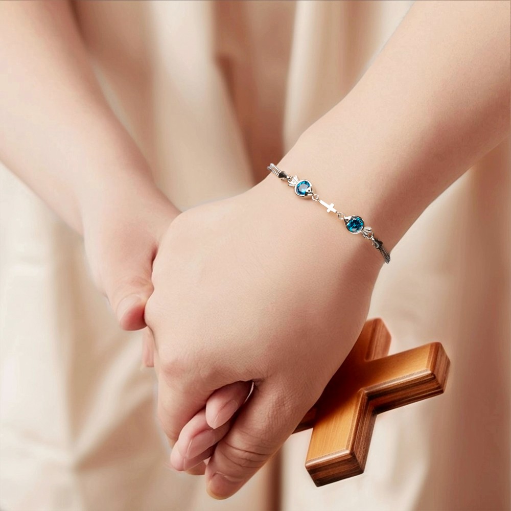 Personalized Double Fish Cross Birthstone Bracelet, Customizable Faith and Blessing Jewelry, Unique Birthday or Special Occasion Gift