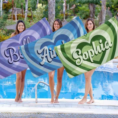 Personalized Name Multiple Hearts Beach Towel, Quick Dry Microfiber Bath Towel, Vacation/Beach/Pool Party Favor, Gift for Family/Friends/Couple/Kids