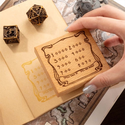 DND Wooden Spell Slot Tracker Rubber Stamp with Ink Pad, Stat Block Style RPG Player Aid for Character Sheet, TTRPG Stationery Gift for DND 5e Players