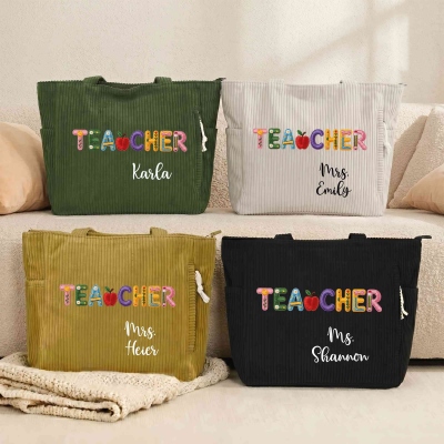 Custom Name Embroidery Patch Effect Teacher's Corduroy Tote Bag, Large Capacity Zippered Commuter Handbag with Pockets, Appreciation Gift for Teachers