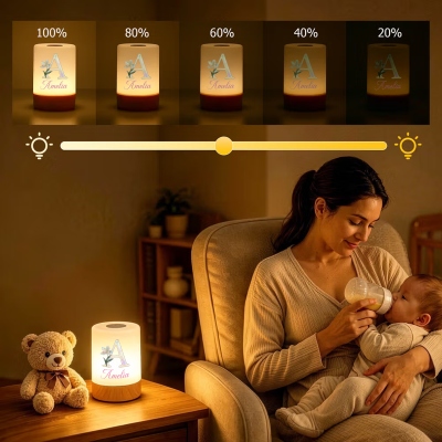 Luce notturna ricaricabile con iniziale, fiore di nascita e effetto madreperla, dimmerabile, controllo touch, di design personalizzato, ideale per la camera da letto o come regalo di compleanno per donne.