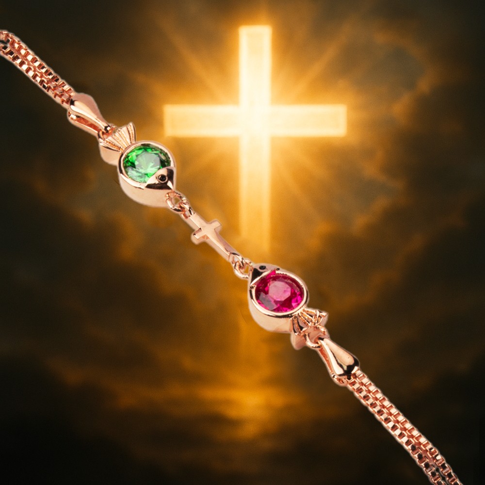 Personalized Double Fish Cross Birthstone Bracelet, Customizable Faith and Blessing Jewelry, Unique Birthday or Special Occasion Gift