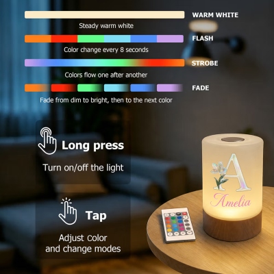 Luce notturna ricaricabile con iniziale, fiore di nascita e effetto madreperla, dimmerabile, controllo touch, di design personalizzato, ideale per la camera da letto o come regalo di compleanno per donne.