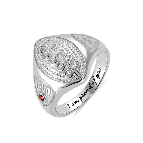 Personalized Silver Football Ring with Engraved Birthstone