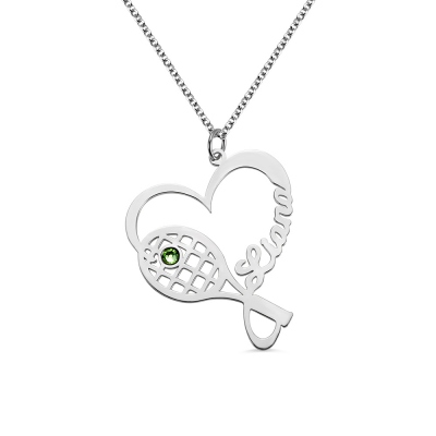 Personalized Silver Tennis Rachet Name Necklace donning Birthstone