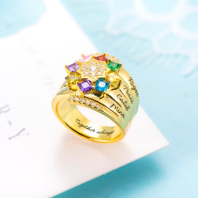 Personalized 1-9 Square Birthstone Ring with Engraving in Gold