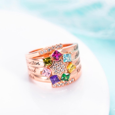 Personalized 1-9 Square Birthstone Ring with Engraving in Rose Gold