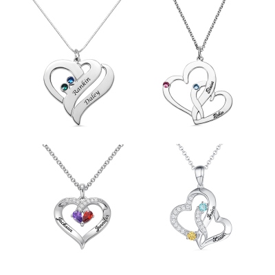 Customized Exquisite Double Heart Birthstone Necklace