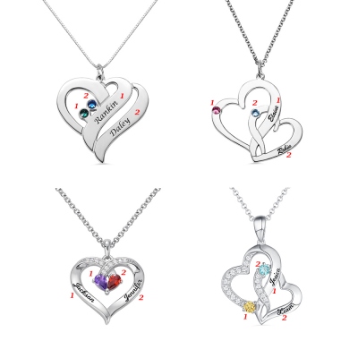 Customized Exquisite Double Heart Birthstone Necklace