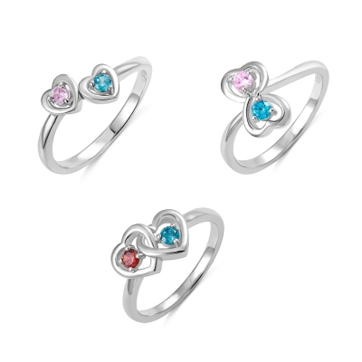 Personalized Double Heart Birthstone Promise Ring for Love in Silver