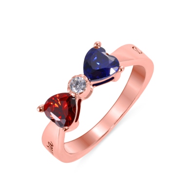 Custom Heart 2 Names & Birthstones Bow Ring In Rose Gold