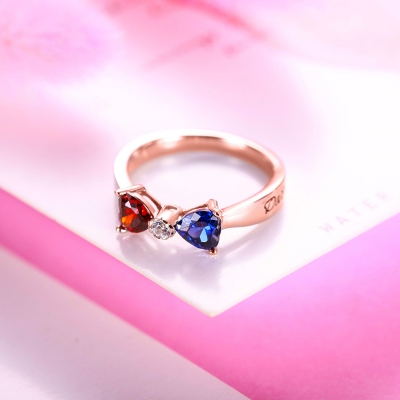 Custom Heart 2 Names & Birthstones Bow Ring In Rose Gold