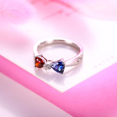Custom Heart Birthstone Bow Couples Names Ring Sterling Silver
