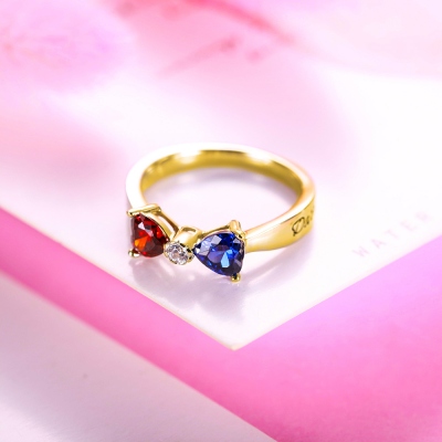 Custom Heart 2 Names & Birthstones Bow Ring In Rose Gold