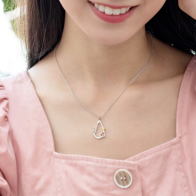 Personalized Heart & Birthstone Water Drop Necklace in Silver