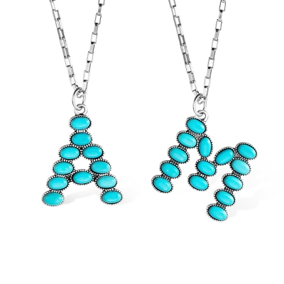 Collier initial en pierre ovale turquoise, collier initial semi-pierre, pendentif de style occidental bohème, cadeau de bijoux Boho pour femmes et filles