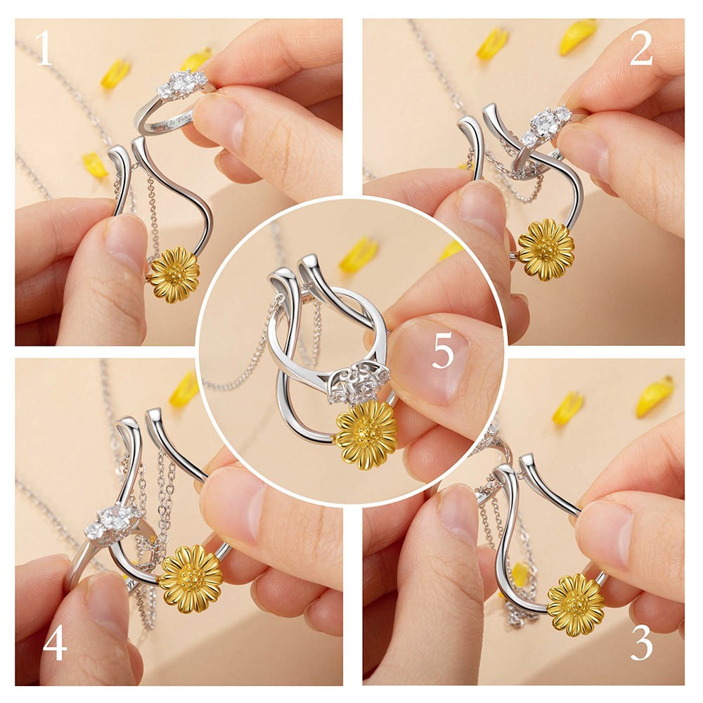 Ring Holder Necklace, Sterling Silver Ring Keeper with Sunflower, Engagement Wedding Ring Necklace Holder, Gift for Wife Girlfriend