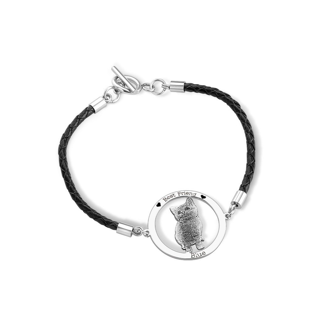 Custom Pet Photo Bracelet Unique Cute Dog Cat Animal Portrait Charm Bracelet with Engraved, Inspirational Memorial Jewelry