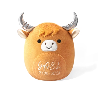 Nom personnalisé Jouet en peluche de vache des Highlands, peluches de vache moelleuses brunes douces, oreiller d'animal en peluche de vache des Highlands, décor de chambre de vache, cadeau pour les enfants