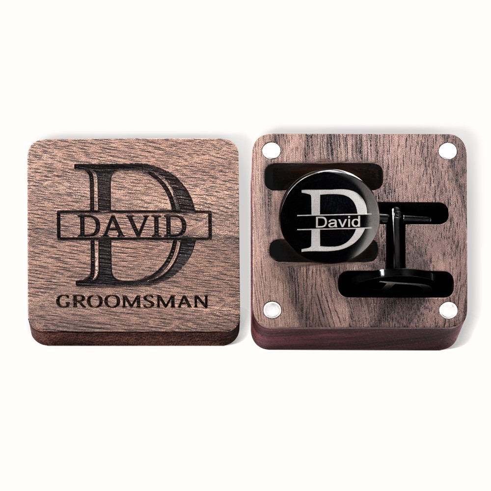Personalized Engraved Monogram Tie Clip and Cufflink Set with Wooden Box, Groomsmen Cufflinks, Wedding Birthday Gift for Men Groomsmen