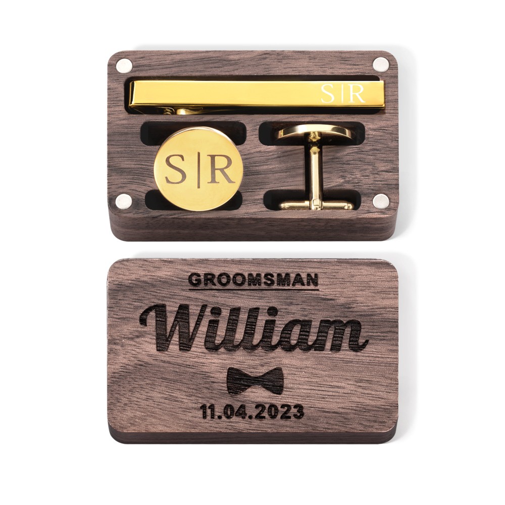 Personalized Engraved Monogram Tie Clip and Cufflink Set with Wooden Box, Groomsmen Cufflinks, Wedding Birthday Gift for Men Groomsmen