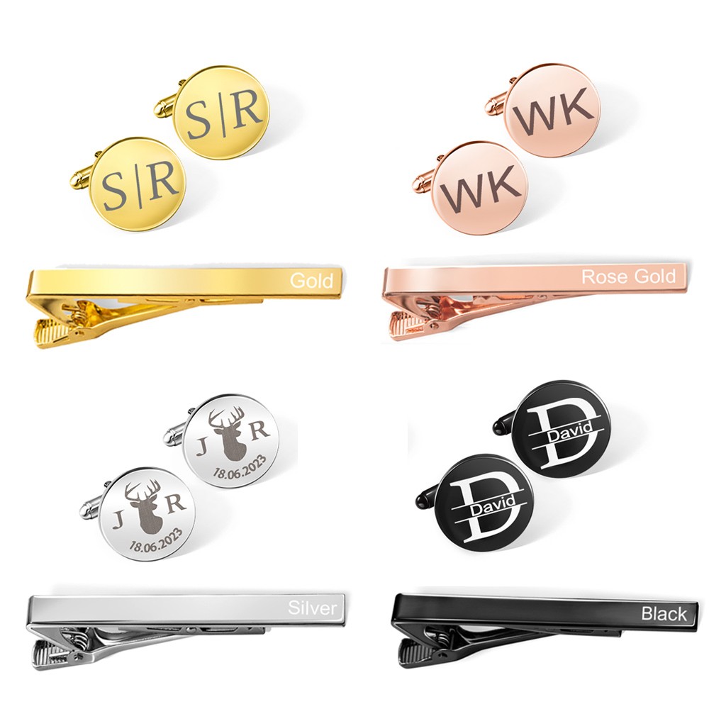 Personalized Engraved Monogram Tie Clip and Cufflink Set with Wooden Box, Groomsmen Cufflinks, Wedding Birthday Gift for Men Groomsmen