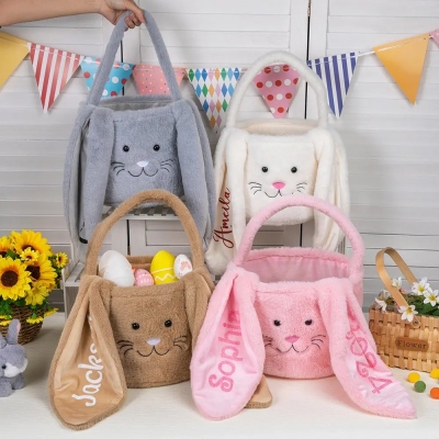 Custom Cute Furry Easter Bunny Basket with Glitter Name, Lop-Eared Bunny Tote Bag, Candy & Easter Egg Storage, Easter Gift for Family/Kids/Daughter