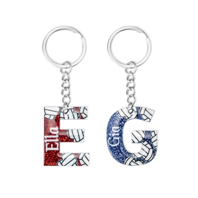 Personalized Initial Name Keychain with Heart Volleyball, Custom Monogram Glitter Keyring, Volleyball Accessory, Gift for Volleyball Team/Player/Coach