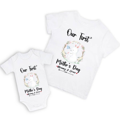 Our First Mother's Day Mom and Baby Set/Matching Shirt, Mummy and Baby Gift, Mama Baby Bunnies, T-shirt Bodysuit Romper Babygrow Vest Set, New Mom Gift, Mother's Day Gift